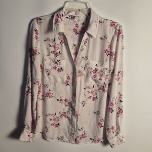Candies Medium Pink Floral Button Down Blouse Sheer Long Sleeve Top